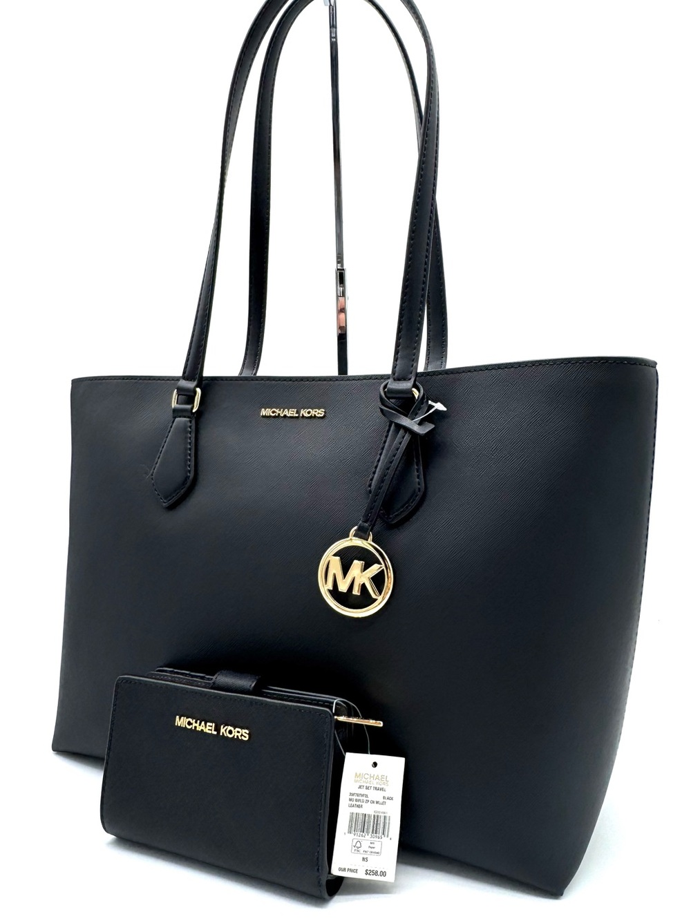 Michael Kors Black Saffiano Tote with Gold MK Charm and Wristlet